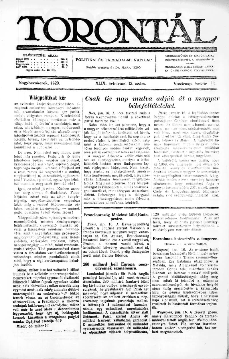 Torontál, 49. évf. 1920. január 18. 13. sz.