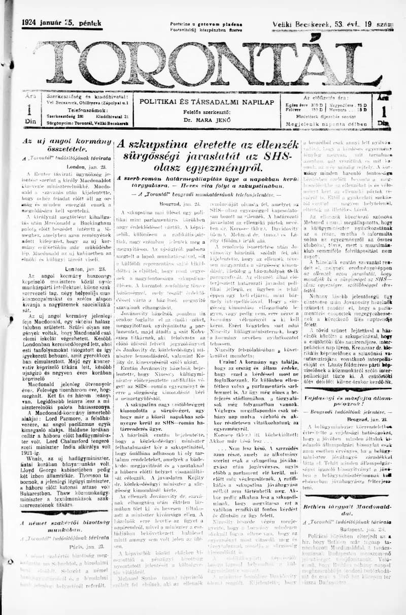 Torontál, 53. évf. 1924. január 25. 19. sz.