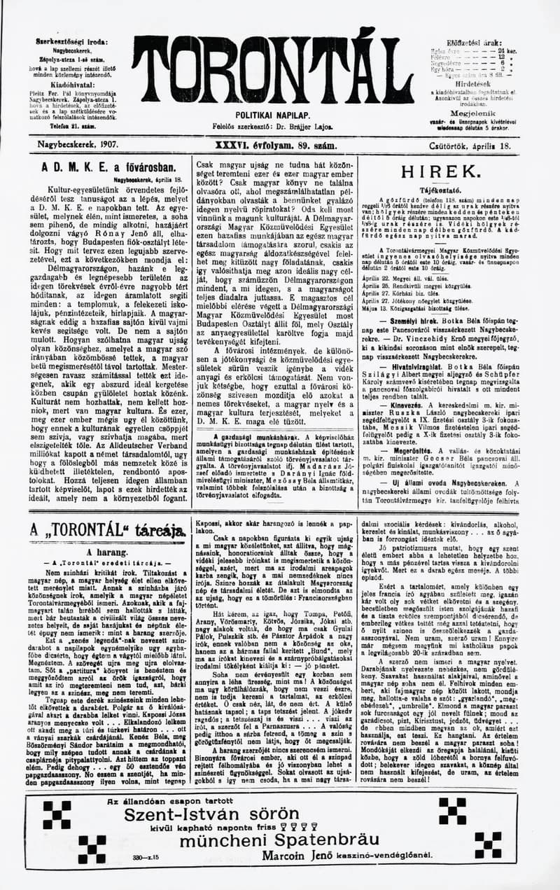 Torontál, 36. évf. 1907. április 18. 89. sz.
