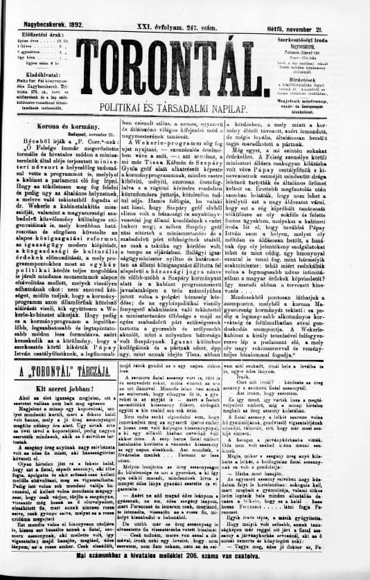 Torontál, 21. évf. 1892. november 21. 247. sz.