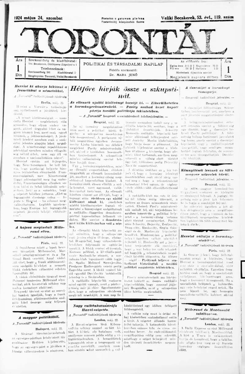 Torontál, 53. évf. 1924. május 24. 119. sz.