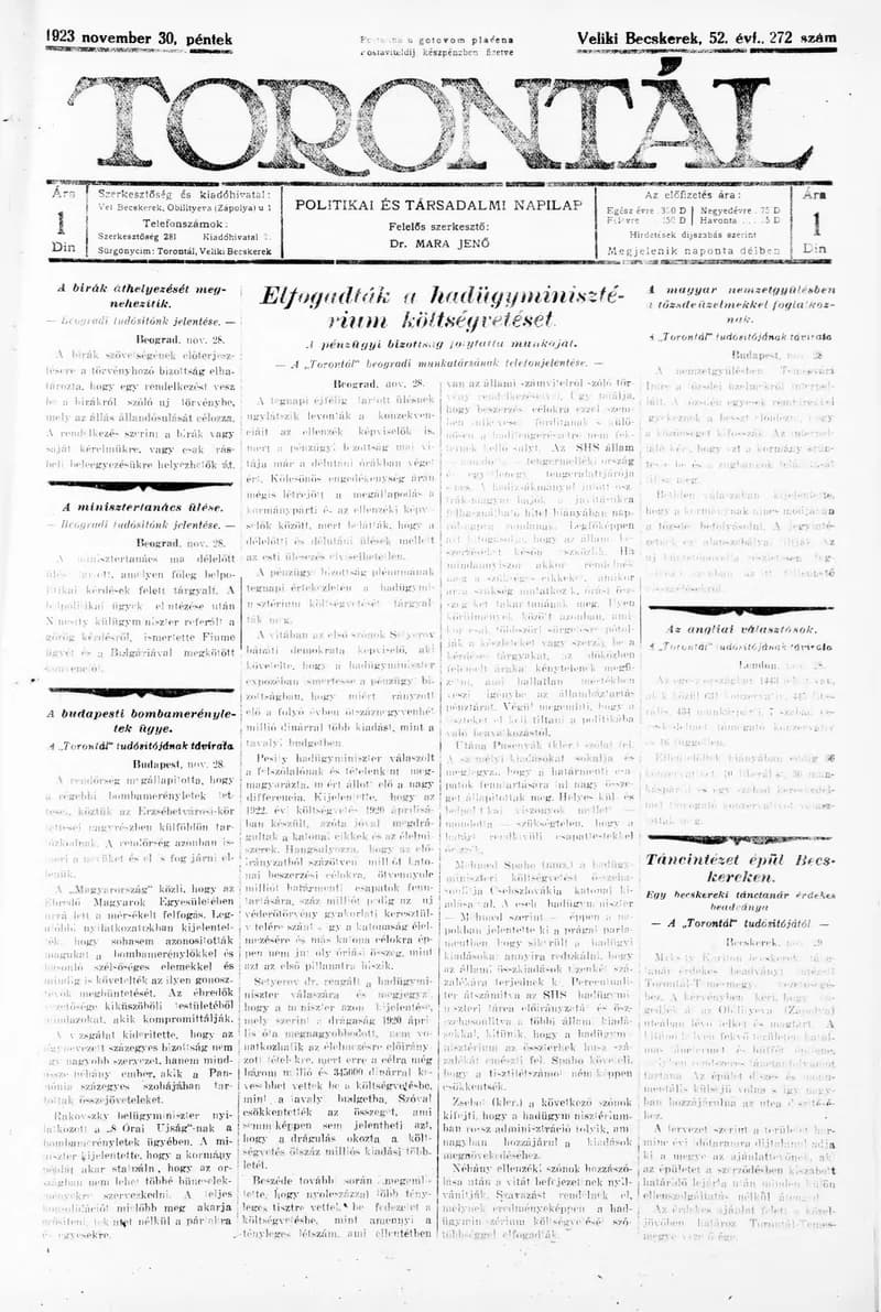 Torontál, 52. évf. 1923. november 30. 272. sz.