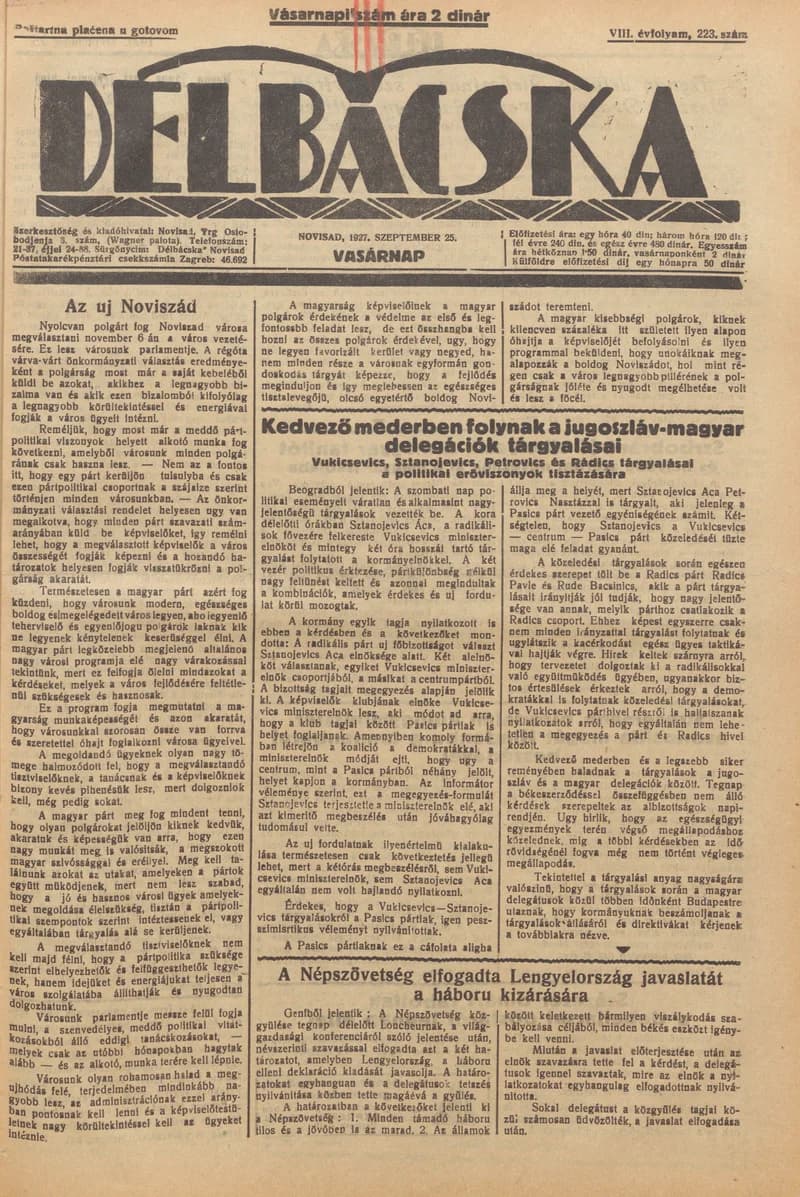 Délbácska, 8. évf. 1927. szeptember 25. 223. sz.