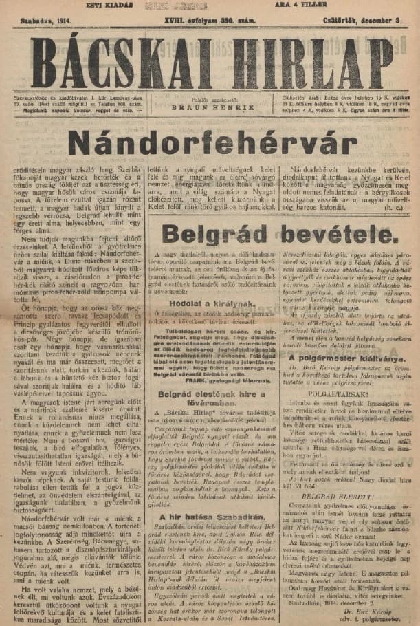 Bácskai Hirlap, 18. évf. 1914. december 3. 330. sz.