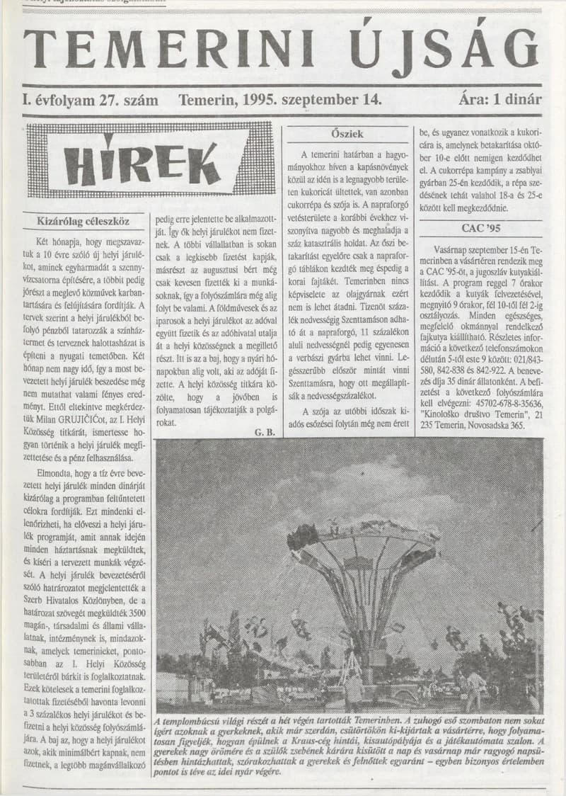 Temerini Újság, 1. évf. 1995. szeptember 14. 27. sz.