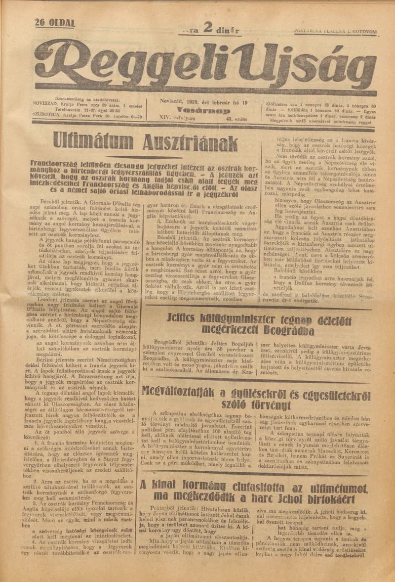 Reggeli Újság, 14. évf. 1933. február 19. 43. sz.