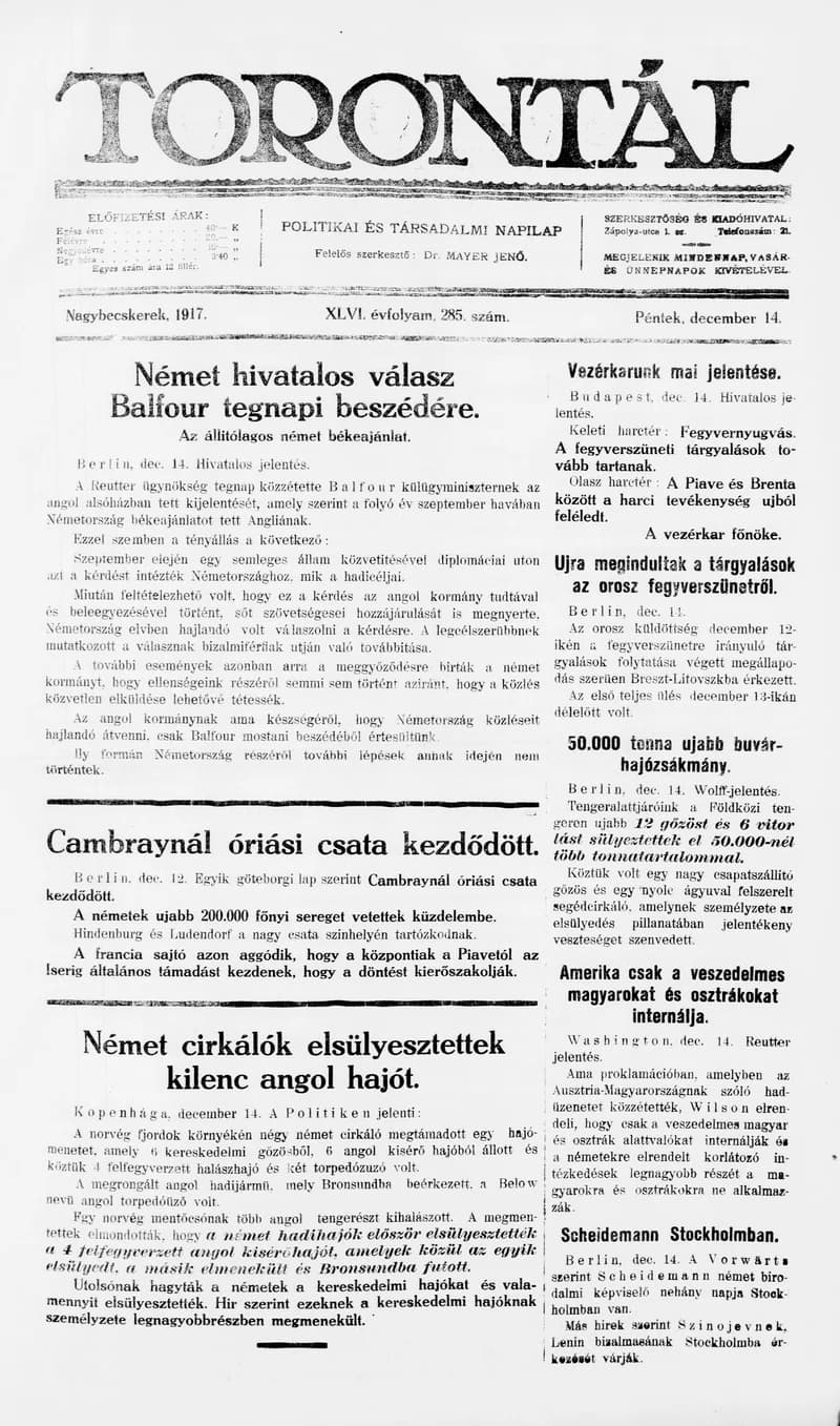 Torontál, 46. évf. 1917. december 14. 285. sz.