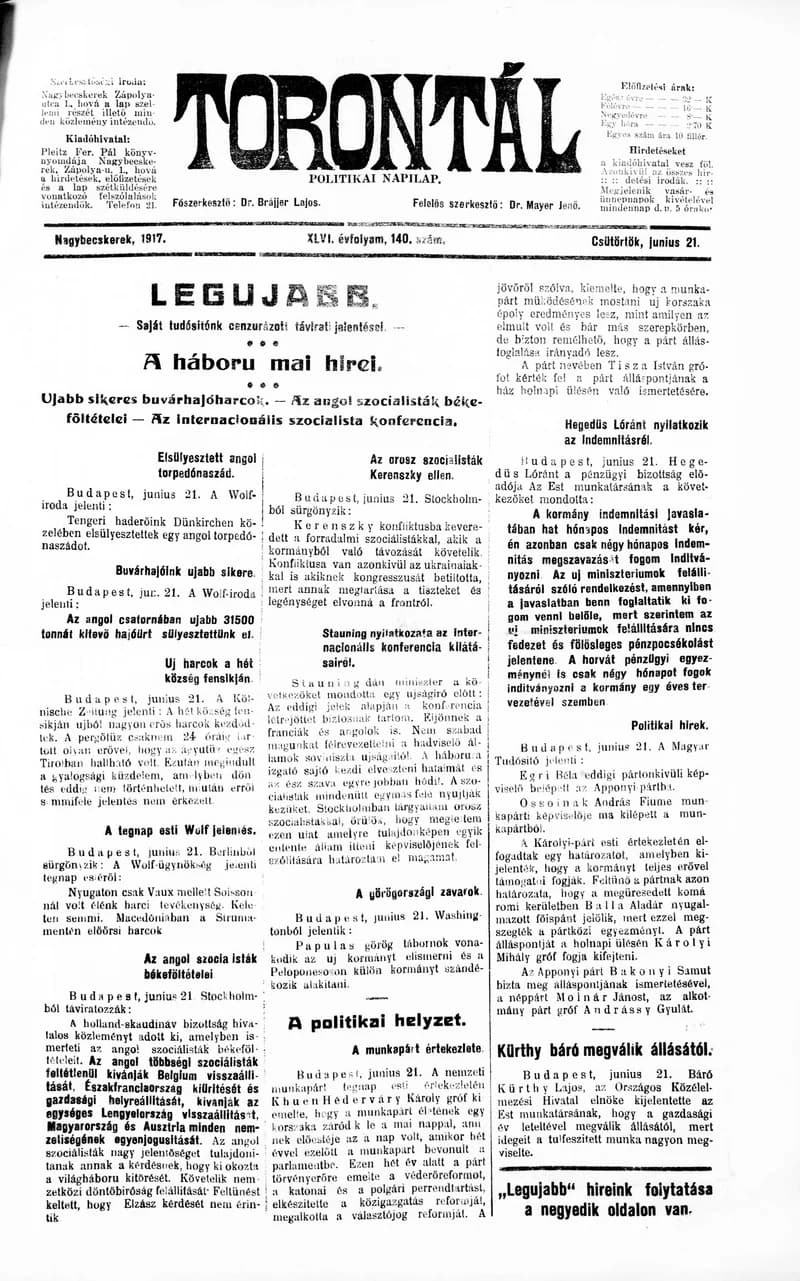 Torontál, 46. évf. 1917. június 21. 140. sz.