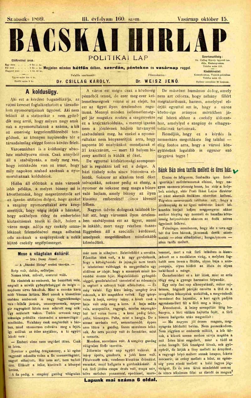 Bácskai Hirlap, 3. évf. 1899. október 15. 160. sz.