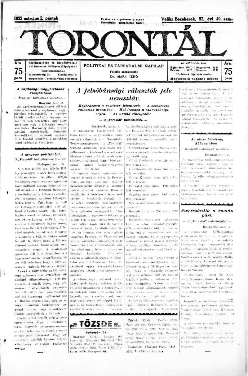 Torontál, 52. évf. 1923. március 2. 49. sz.