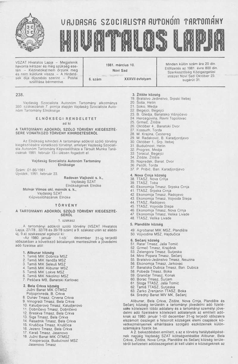 Vajdaság Szocialista Autonóm Tartomány Hivatalos Lapja, 37. évf. 1981. március 10. 6. sz.