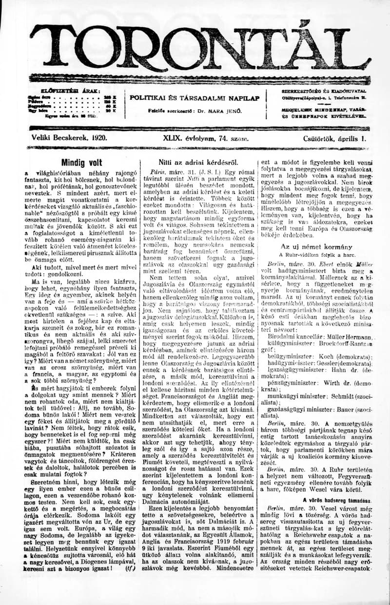 Torontál, 49. évf. 1920. április 1. 74. sz.