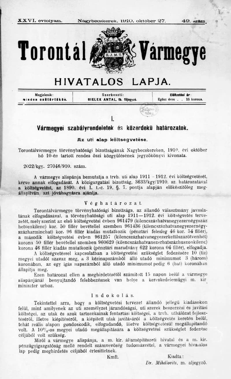 Torontál Vármegye Hivatalos Lapja, 26. évf. 1910. október 27. 49. sz.
