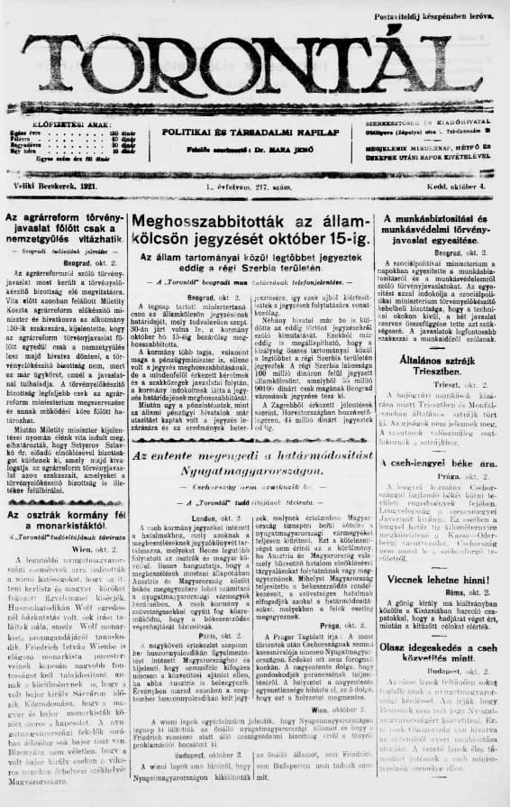 Torontál, 50. évf. 1921. október 4. 217. sz.