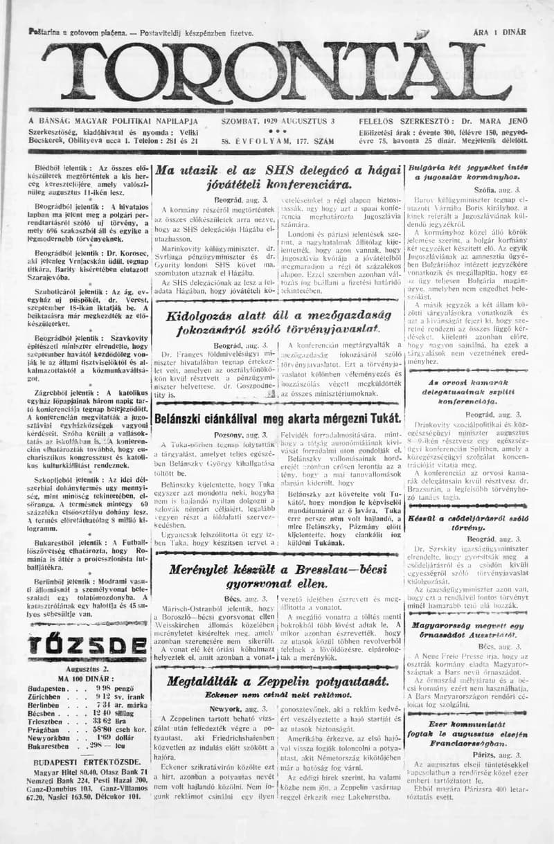 Torontál, 58. évf. 1929. augusztus 3. 177. sz.