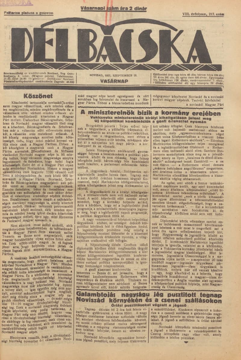 Délbácska, 8. évf. 1927. szeptember 18. 217. sz.