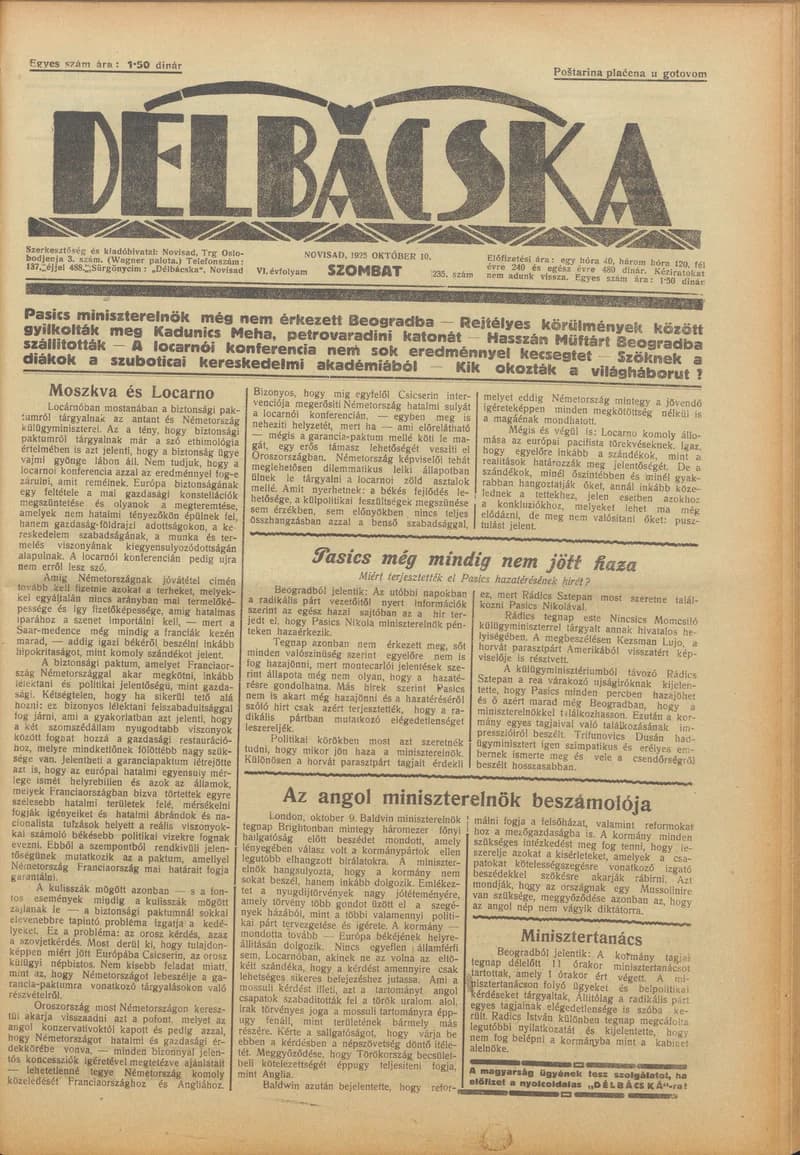Délbácska, 6. évf. 1925. október 10. 235. sz.