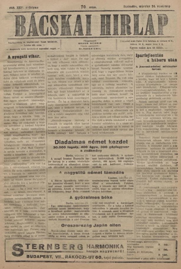 Bácskai Hirlap, 22. évf. 1918. március 24. 70. sz.