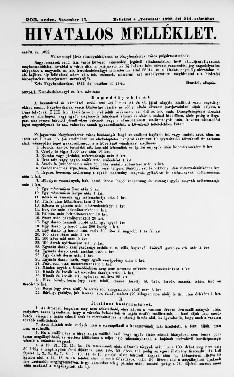 A Totontál  hivatalos melléklete, 5. évf. 1892. november 17. 203. sz.