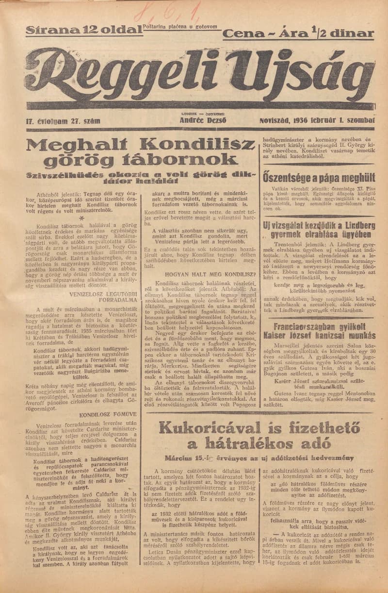 Reggeli Újság, 17. évf. 1936. február 1. 27. sz.