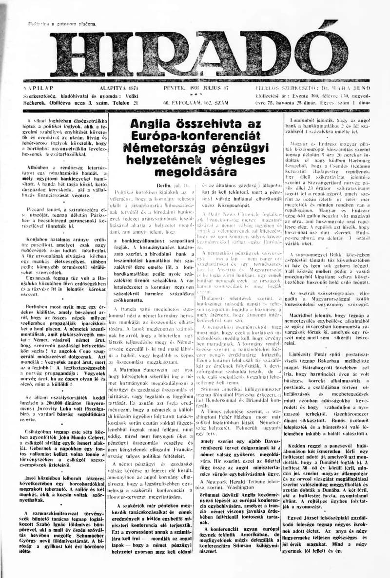 Híradó, 60. évf. 1931. július 17. 162. sz.