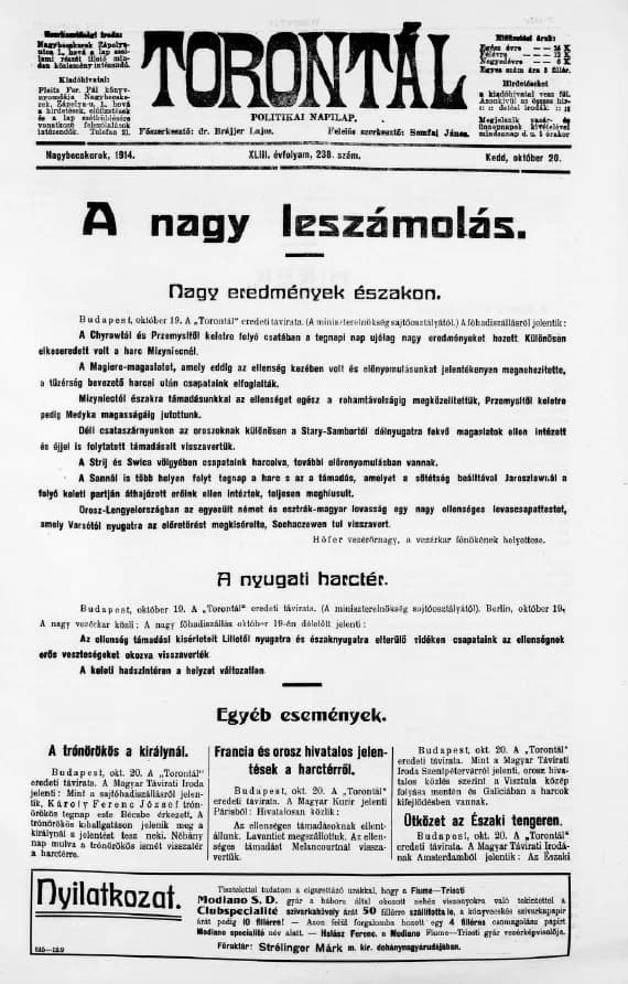 Torontál, 43. évf. 1914. október 20. 238. sz.