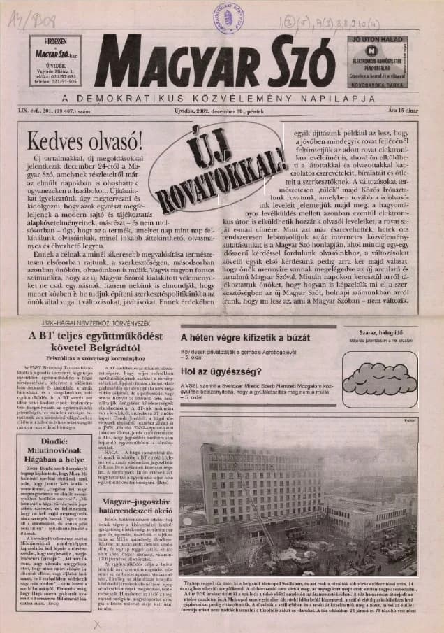 Magyar Szó, 59. évf. 2002. december 20. 301. sz. 1–16. oldal
