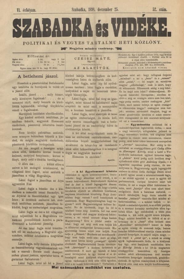 Szabadka és vidéke II, 6. évf. 1898. december 25. 52. sz.