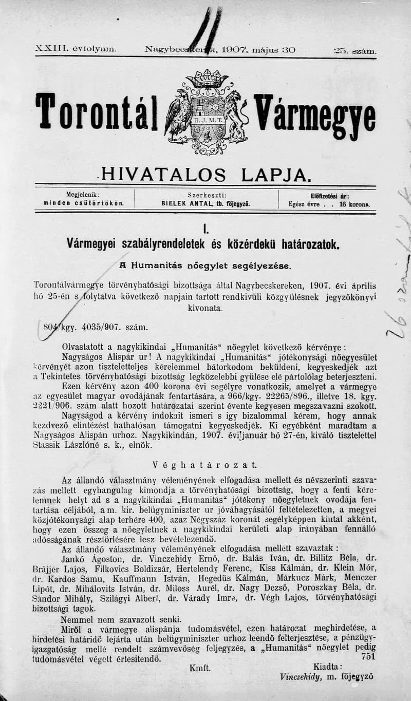 Torontál Vármegye Hivatalos Lapja, 23. évf. 1907. május 30. 25. sz.