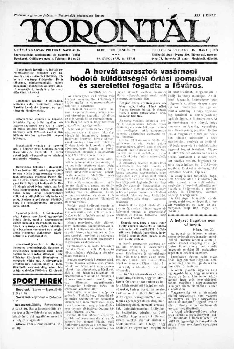Torontál, 59. évf. 1930. január 21. 16. sz.