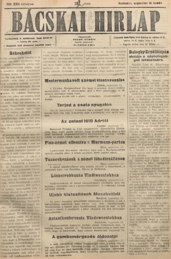 Bácskai Hirlap, 22. évf. 1918. augusztus 14. 182. sz.