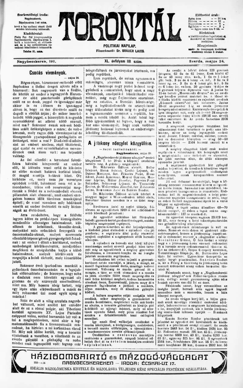 Torontál, 40. évf. 1911. május 24. 118. sz.