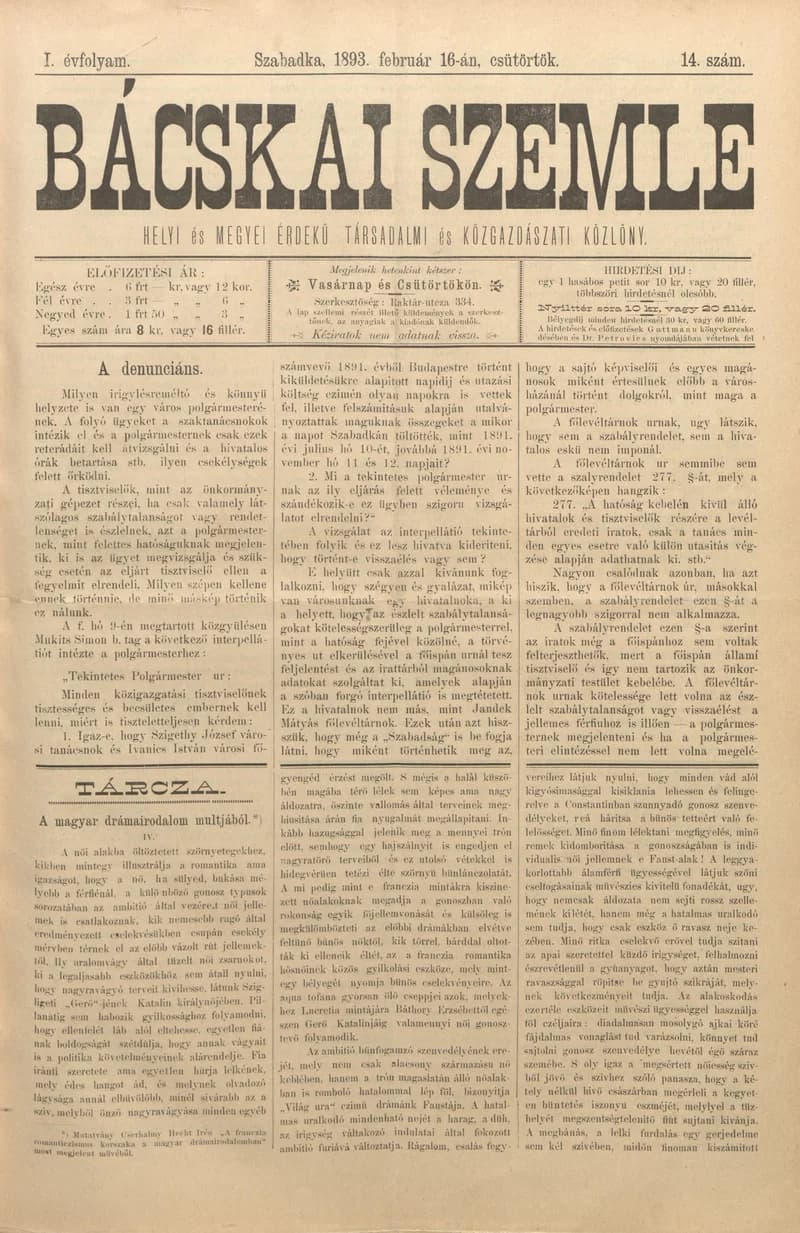 Bácskai Szemle, 1. évf. 1893. február 16. 14. sz.