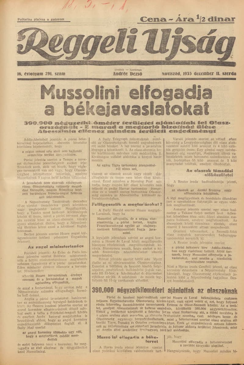 Reggeli Újság, 16. évf. 1935. december 11. 291. sz.