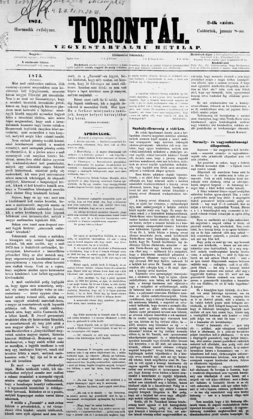 Torontál, 3. évf. 1874. január 8. 2. sz.