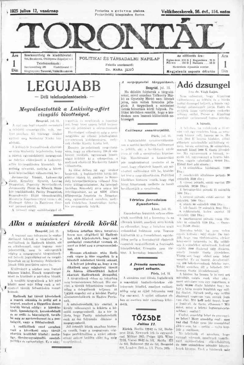 Torontál, 54. évf. 1925. július 12. 154. sz.