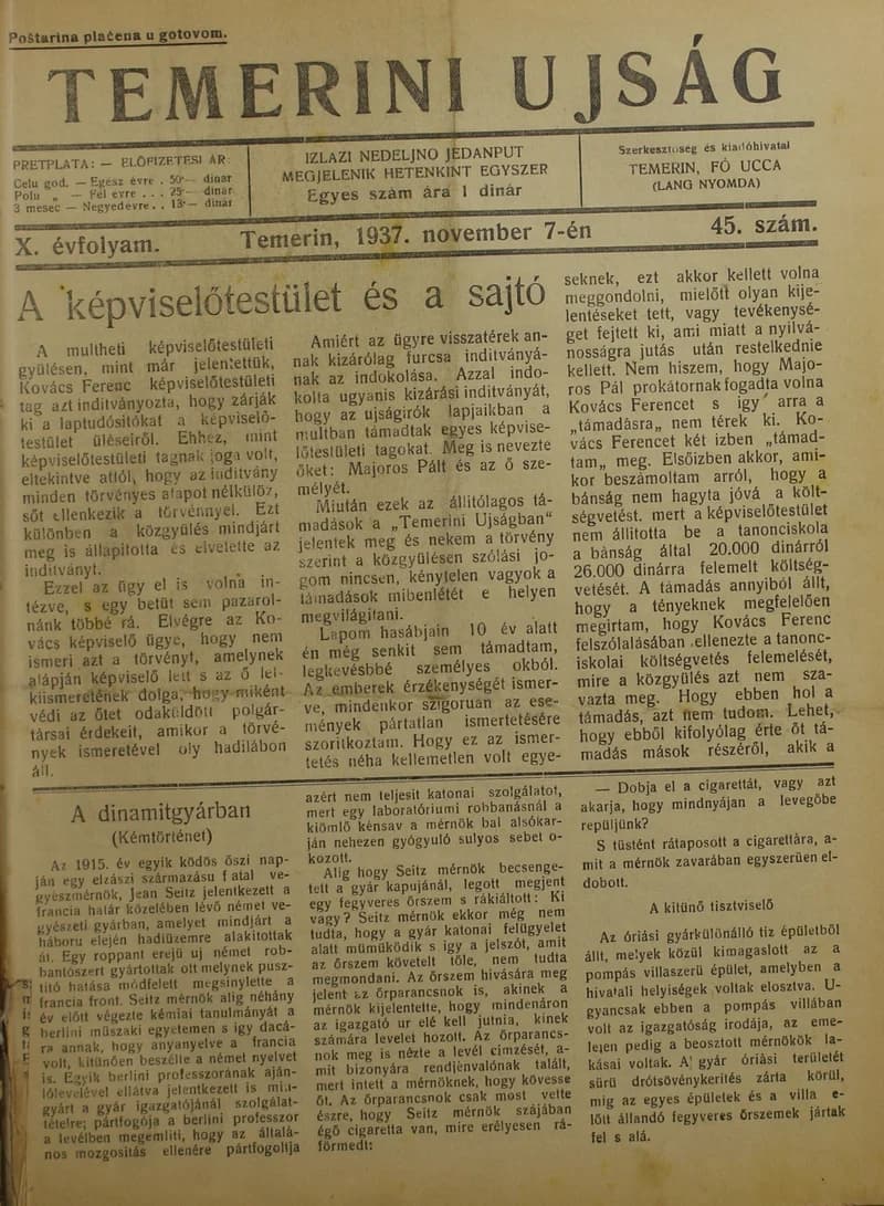 Temerini Újság 1928-1944, 10. évf. 1937. november 7. 45. sz.