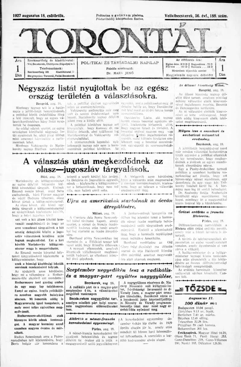 Torontál, 56. évf. 1927. augusztus 18. 188. sz.