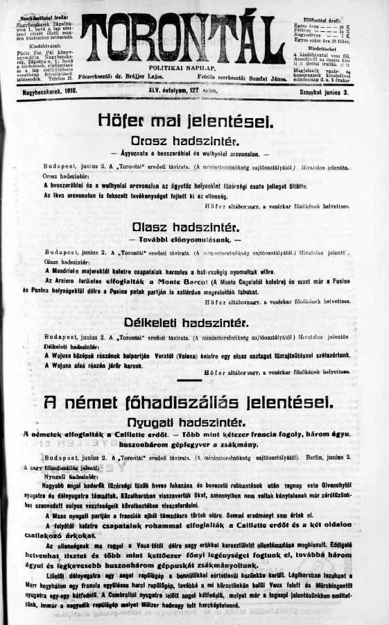 Torontál, 45. évf. 1916. június 3. 127. sz.