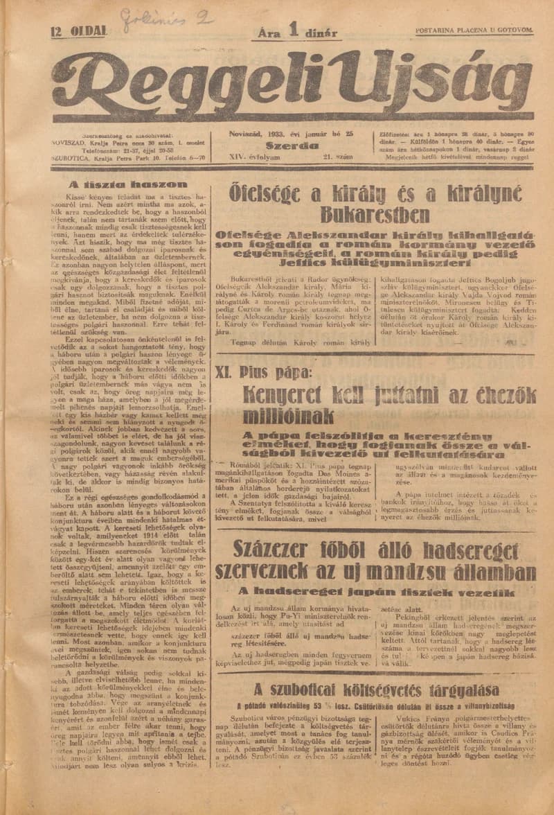 Reggeli Újság, 14. évf. 1933. január 25. 21. sz.