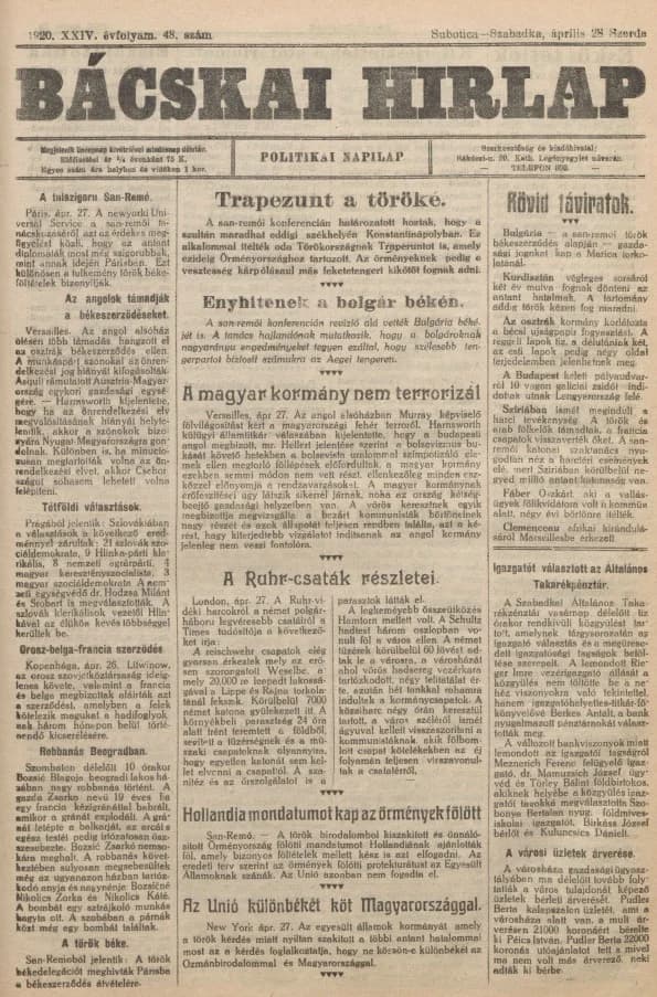 Bácskai Hirlap, 24. évf. 1920. április 28. 48. sz.