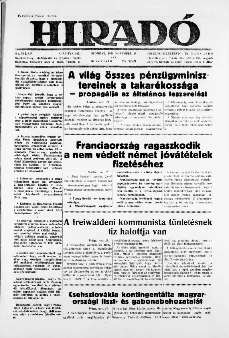 Híradó, 60. évf. 1931. november 28. 276. sz.