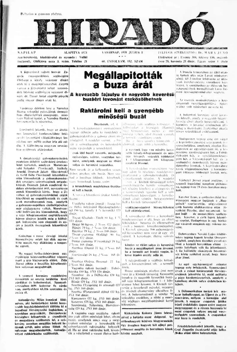 Híradó, 60. évf. 1931. július 5. 152. sz.
