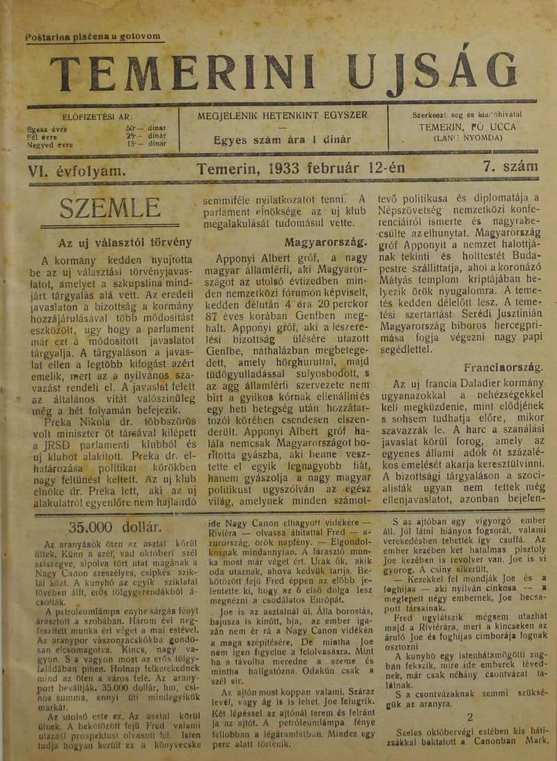 Temerini Újság 1928-1944, 6. évf. 1933. február 12. 7. sz.