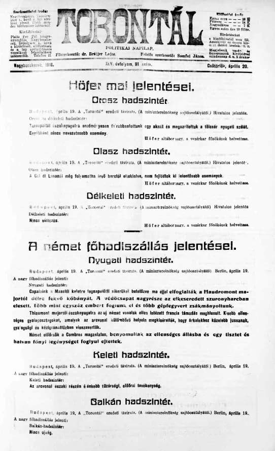 Torontál, 45. évf. 1916. április 20. 91. sz.