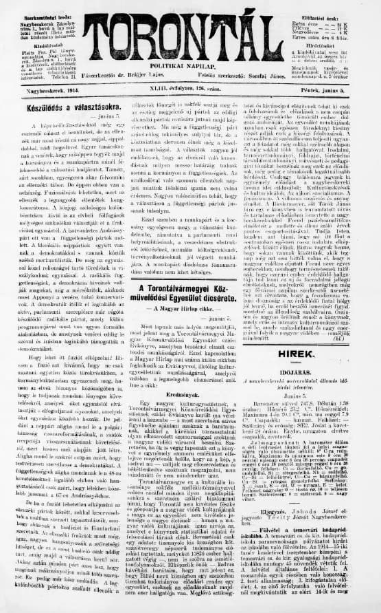 Torontál, 43. évf. 1914. június 5. 126. sz.