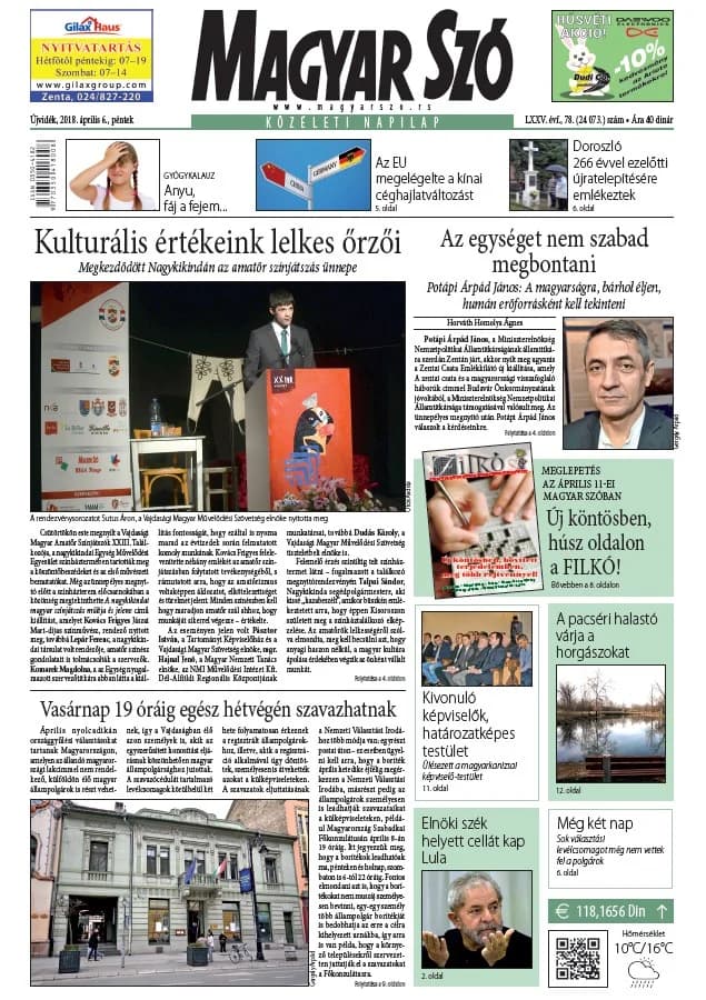 Magyar Szó, 75. évf. 2018. április 6. 78. sz. 1–16. oldal