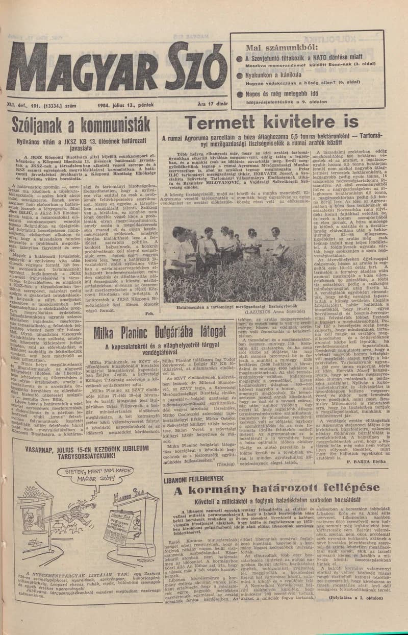 Magyar Szó, 41. évf. 1984. július 13. 191. sz. 1–20. oldal