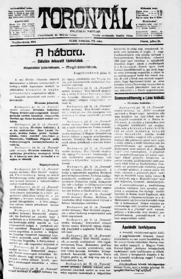 Torontál, 43. évf. 1914. július 31. 172. sz.