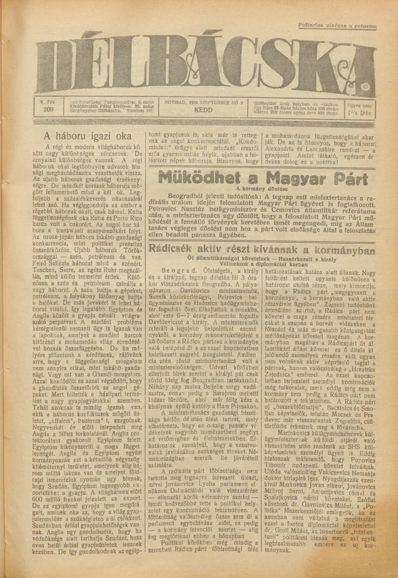Délbácska, 5. évf. 1924. szeptember 9. 209. sz.